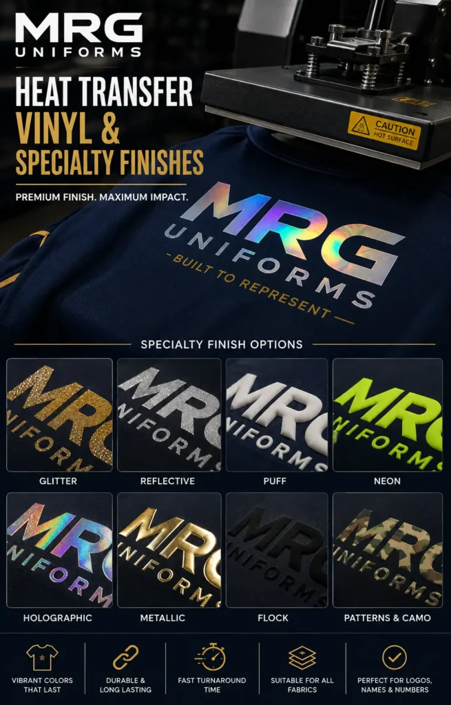 Heat transfer vinyl and specialty finishes applied to uniforms